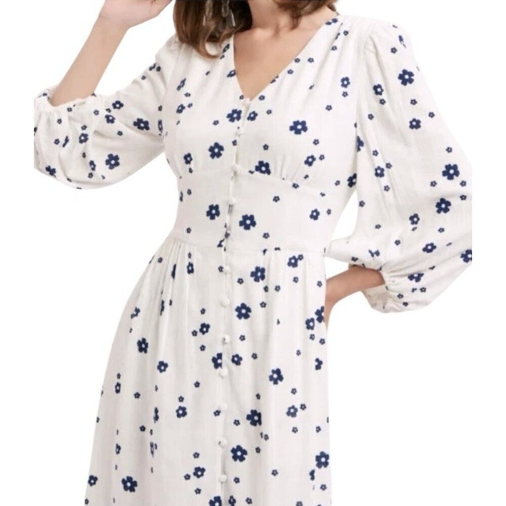 Petite Studio NYC Ivory & Blue Floral Print Whimsical Linen Blend Dress Small